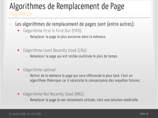 Algorithmes de Remplacement de Page
• Les algorithmes de remplacement de pages sont (entre autres):
§ L’algorithme First In First Out (FIFO):
o Remplacer la page la plus ancienne dans la mémoire.
§ L’algorithme Least Recently Used (LRU):
o Remplacer la page qui est restée inutilisée le plus de temps.
§ L’algorithme optimal
o Retirer de la mémoire la page qui sera référencée le plus tard. C’est un
algorithme théorique car il nécessite la connaissance des requêtes futures.
§ L’algorithme Not Recently Used (NRU):
o Remplacer la page la non récemment utilisée; c’est une solution matérielle.
Dr. Ghada GASMI- Dr. Lilia SFAXI Slide 34
Pagination
 