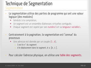Technique de Segmentation
• La segmentation utilise des parties de programme qui ont une valeur
logique (des modules)
§ Générés à la compilation,
§ Un segment est un ensemble d'adresses virtuelles contiguës.
§ Chaque segment est repéré par son numéro S et sa longueur variable L.
• Contrairement à la pagination, la segmentation est "connue" du
processus
§ Une adresse est donnée par un couple (S , d),
o S est le n° du segment
o d le déplacement dans le segment, d Î [0 , L [ .
• Pour calculer l'adresse physique, on utilise une table des segments.
Dr. Ghada GASMI- Dr. Lilia SFAXI Slide 36
Segmentation
 