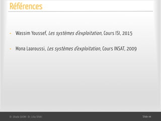 Références
Dr. Ghada GASMI- Dr. Lilia SFAXI Slide 44
• Wassim Youssef, Les systèmes d’exploitation, Cours ISI, 2015
• Mona Laaroussi, Les systèmes d’exploitation, Cours INSAT, 2009
 