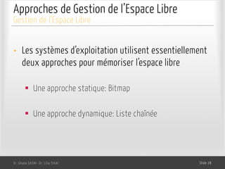 Approches de Gestion de l’Espace Libre
• Les systèmes d’exploitation utilisent essentiellement
deux approches pour mémoriser l’espace libre
§ Une approche statique: Bitmap
§ Une approche dynamique: Liste chaînée
Dr. Ghada GASMI- Dr. Lilia SFAXI Slide 28
Gestion de l’Espace Libre
 