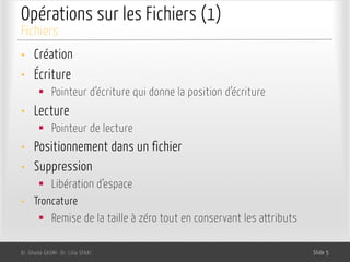 Opérations sur les Fichiers (1)
• Création
• Écriture
§ Pointeur d’écriture qui donne la position d’écriture
• Lecture
§ Pointeur de lecture
• Positionnement dans un fichier
• Suppression
§ Libération d’espace
• Troncature
§ Remise de la taille à zéro tout en conservant les attributs
Dr. Ghada GASMI- Dr. Lilia SFAXI Slide 5
Fichiers
 