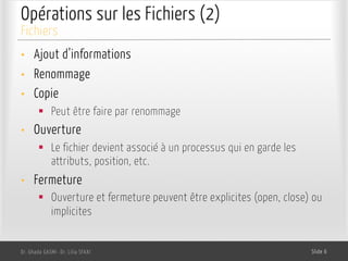 Opérations sur les Fichiers (2)
• Ajout d’informations
• Renommage
• Copie
§ Peut être faire par renommage
• Ouverture
§ Le fichier devient associé à un processus qui en garde les
attributs, position, etc.
• Fermeture
§ Ouverture et fermeture peuvent être explicites (open, close) ou
implicites
Dr. Ghada GASMI- Dr. Lilia SFAXI Slide 6
Fichiers
 