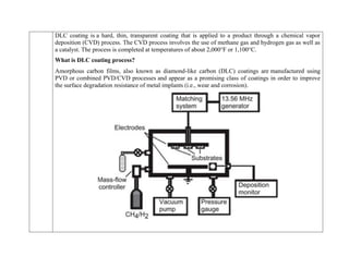 DLC coating is a hard, thin, transparent coating that is applied to a product through a chemical vapor
deposition (CVD) process. The CVD process involves the use of methane gas and hydrogen gas as well as
a catalyst. The process is completed at temperatures of about 2,000°F or 1,100°C.
What is DLC coating process?
Amorphous carbon films, also known as diamond-like carbon (DLC) coatings are manufactured using
PVD or combined PVD/CVD processes and appear as a promising class of coatings in order to improve
the surface degradation resistance of metal implants (i.e., wear and corrosion).
 