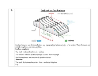 2. Basics of surface features
Surface features are the irregularities and topographical characteristics of a surface. These features can
include roughness, waviness, and lay.
Surface roughness
 The small peaks and valleys on a surface
 The distance between peaks or valleys is called the wavelength
 Surface roughness is a micro-scale geometric error
Waviness
 The small deviations of a surface from a perfectly flat plane
Lay
 