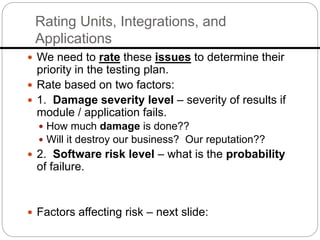 Rating Units, Integrations, and
Applications
 We need to rate these issues to determine their
priority in the testing plan.
 Rate based on two factors:
 1. Damage severity level – severity of results if
module / application fails.
 How much damage is done??
 Will it destroy our business? Our reputation??
 2. Software risk level – what is the probability
of failure.
 Factors affecting risk – next slide:
 