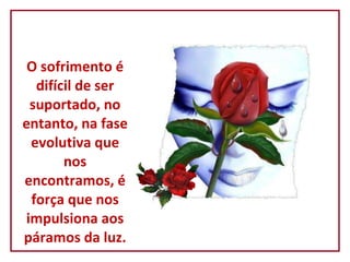 O sofrimento é difícil de ser suportado, no entanto, na fase evolutiva que nos encontramos, é força que nos impulsiona aos páramos da luz. 