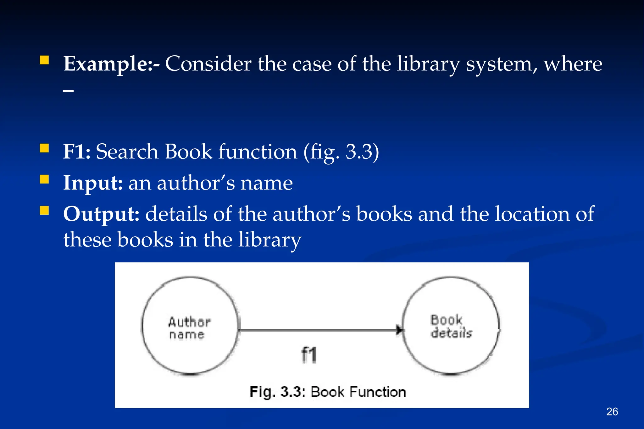 26
 Example:- Consider the case of the library system, where
–
 F1: Search Book function (fig. 3.3)
 Input: an author’s name
 Output: details of the author’s books and the location of
these books in the library
 