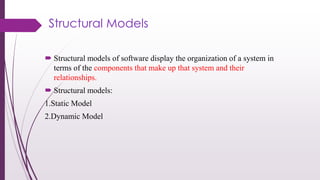Structural Models
 Structural models of software display the organization of a system in
terms of the components that make up that system and their
relationships.
 Structural models:
1.Static Model
2.Dynamic Model
 