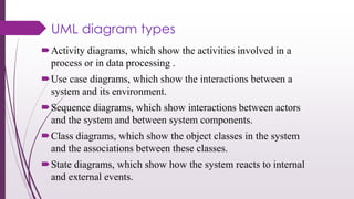 UML diagram types
Activity diagrams, which show the activities involved in a
process or in data processing .
Use case diagrams, which show the interactions between a
system and its environment.
Sequence diagrams, which show interactions between actors
and the system and between system components.
Class diagrams, which show the object classes in the system
and the associations between these classes.
State diagrams, which show how the system reacts to internal
and external events.
 