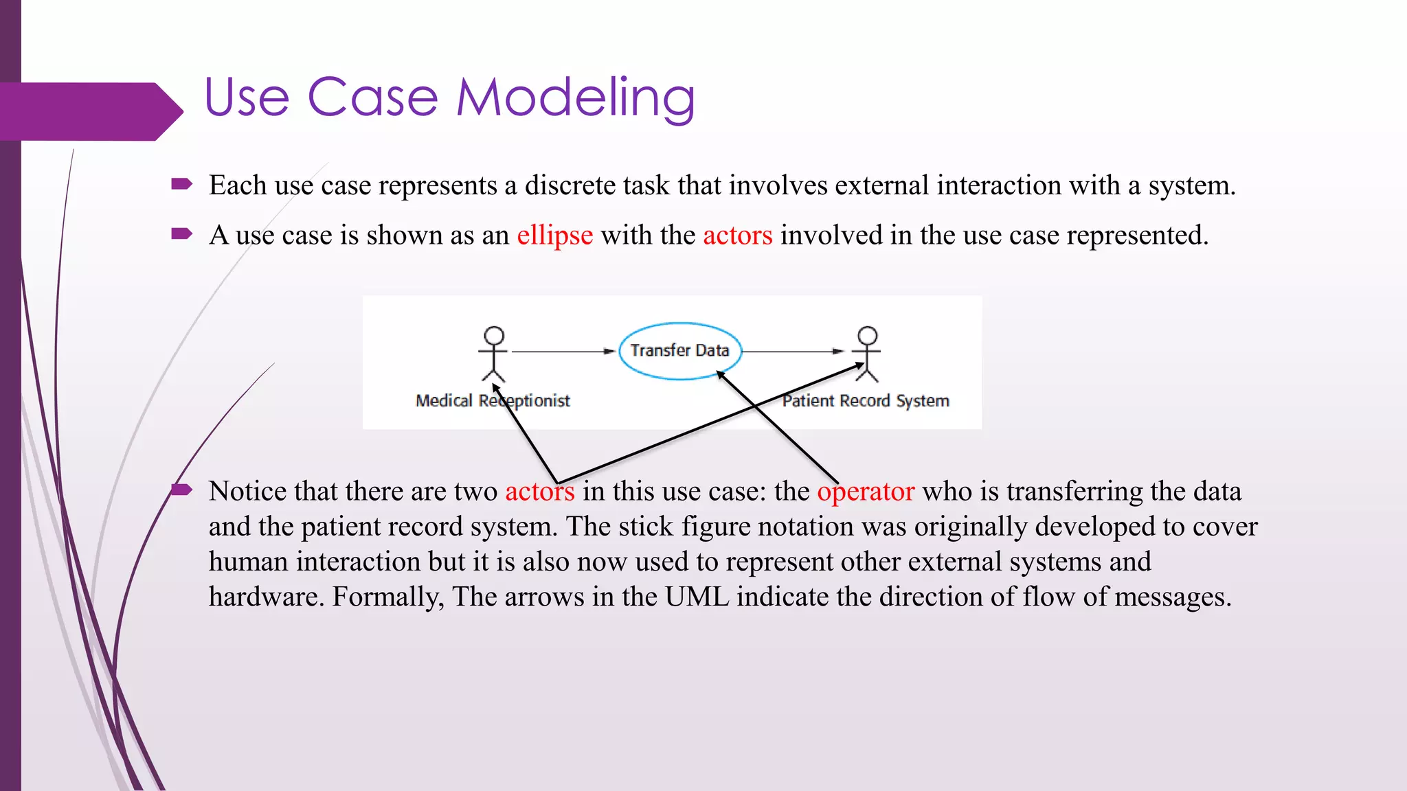 Use Case Modeling
 Each use case represents a discrete task that involves external interaction with a system.
 A use case is shown as an ellipse with the actors involved in the use case represented.
 Notice that there are two actors in this use case: the operator who is transferring the data
and the patient record system. The stick figure notation was originally developed to cover
human interaction but it is also now used to represent other external systems and
hardware. Formally, The arrows in the UML indicate the direction of flow of messages.
 