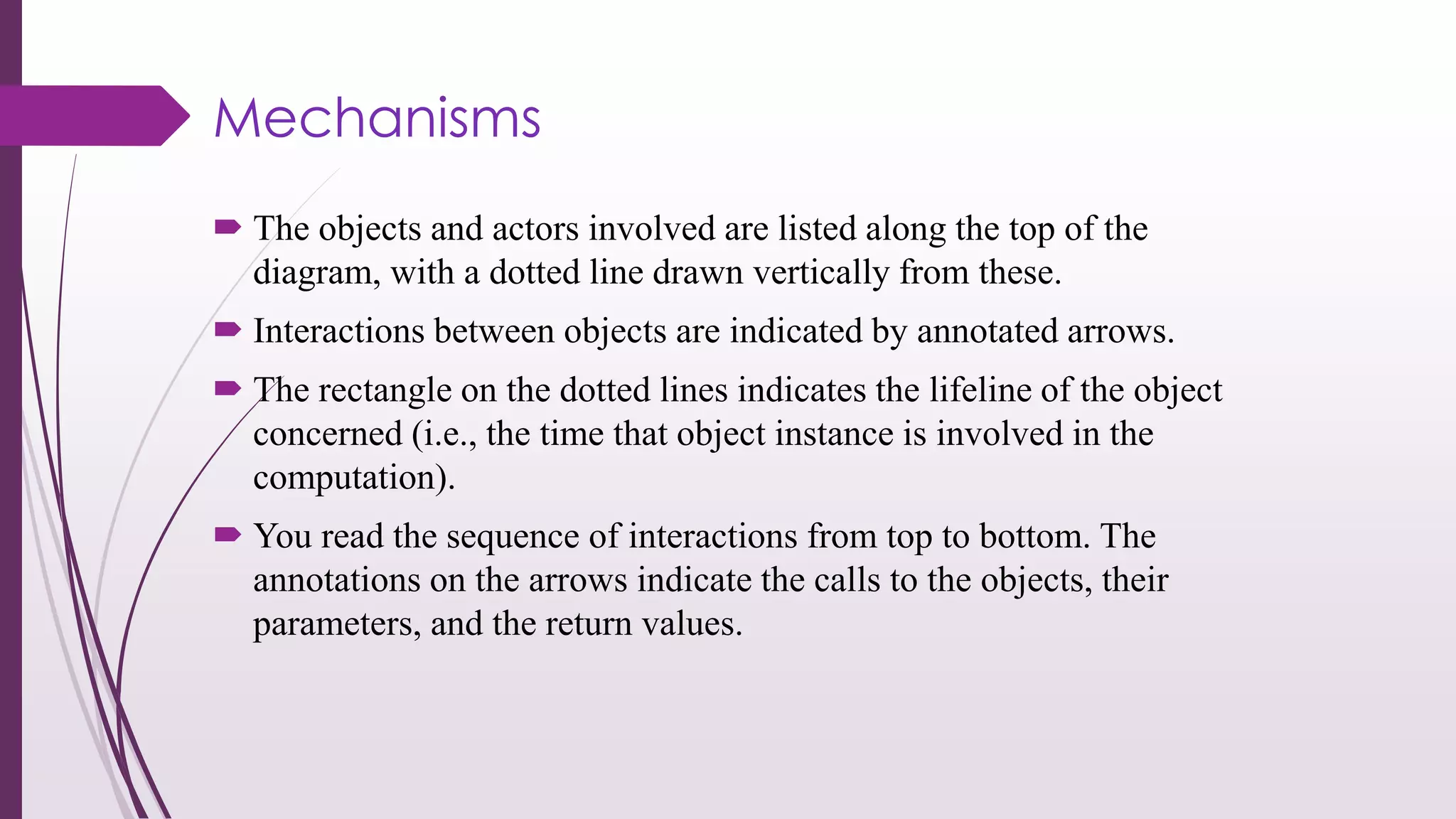 Mechanisms
 The objects and actors involved are listed along the top of the
diagram, with a dotted line drawn vertically from these.
 Interactions between objects are indicated by annotated arrows.
 The rectangle on the dotted lines indicates the lifeline of the object
concerned (i.e., the time that object instance is involved in the
computation).
 You read the sequence of interactions from top to bottom. The
annotations on the arrows indicate the calls to the objects, their
parameters, and the return values.
 