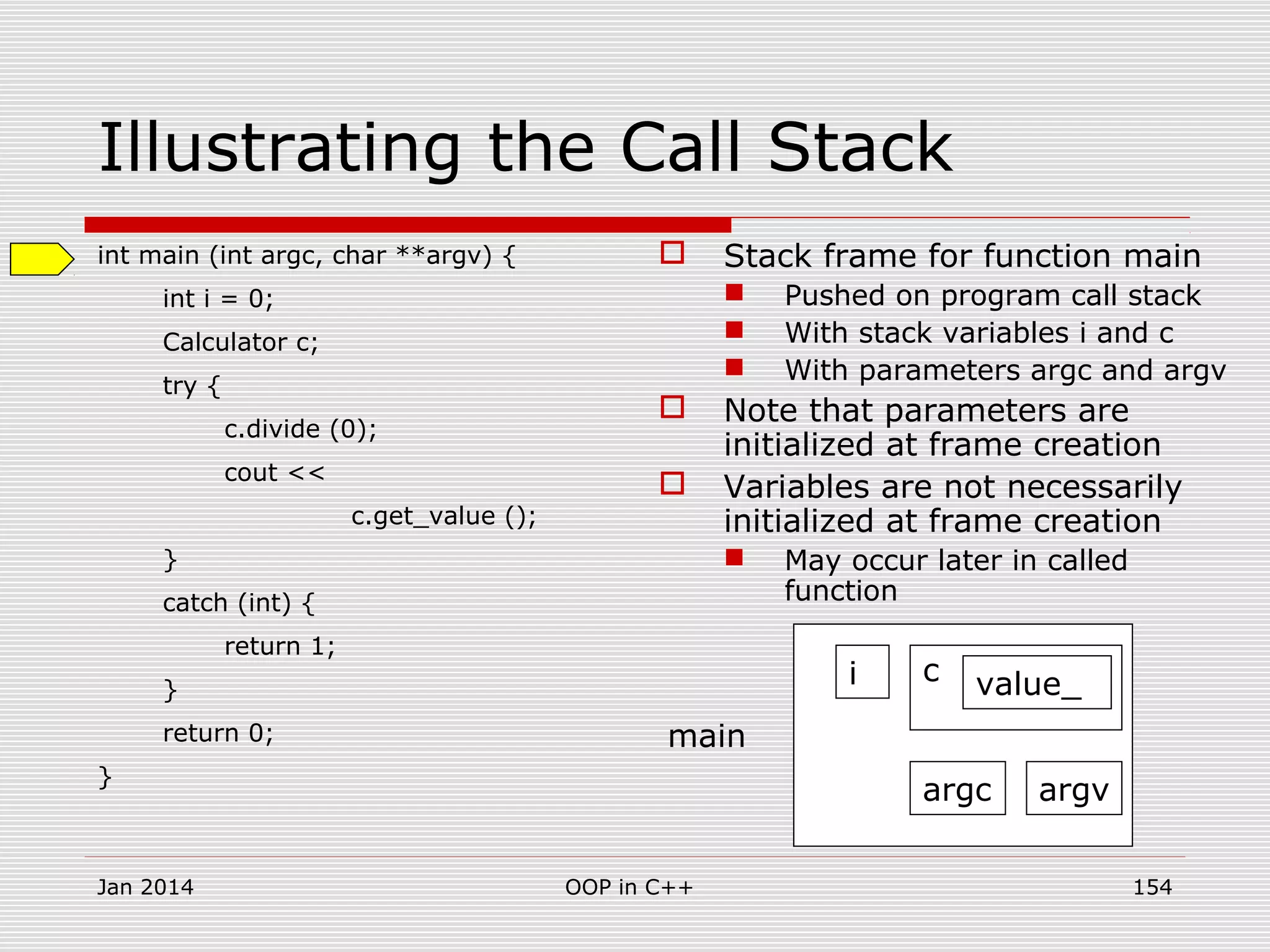 Illustrating the Call Stack
int main (int argc, char **argv) {
int i = 0;
Calculator c;
try {
c.divide (0);
cout <<
c.get_value ();
}
catch (int) {
return 1;
}
return 0;
}
 Stack frame for function main
 Pushed on program call stack
 With stack variables i and c
 With parameters argc and argv
 Note that parameters are
initialized at frame creation
 Variables are not necessarily
initialized at frame creation
 May occur later in called
function
argc argv
i c value_
main
Jan 2014 154OOP in C++
 