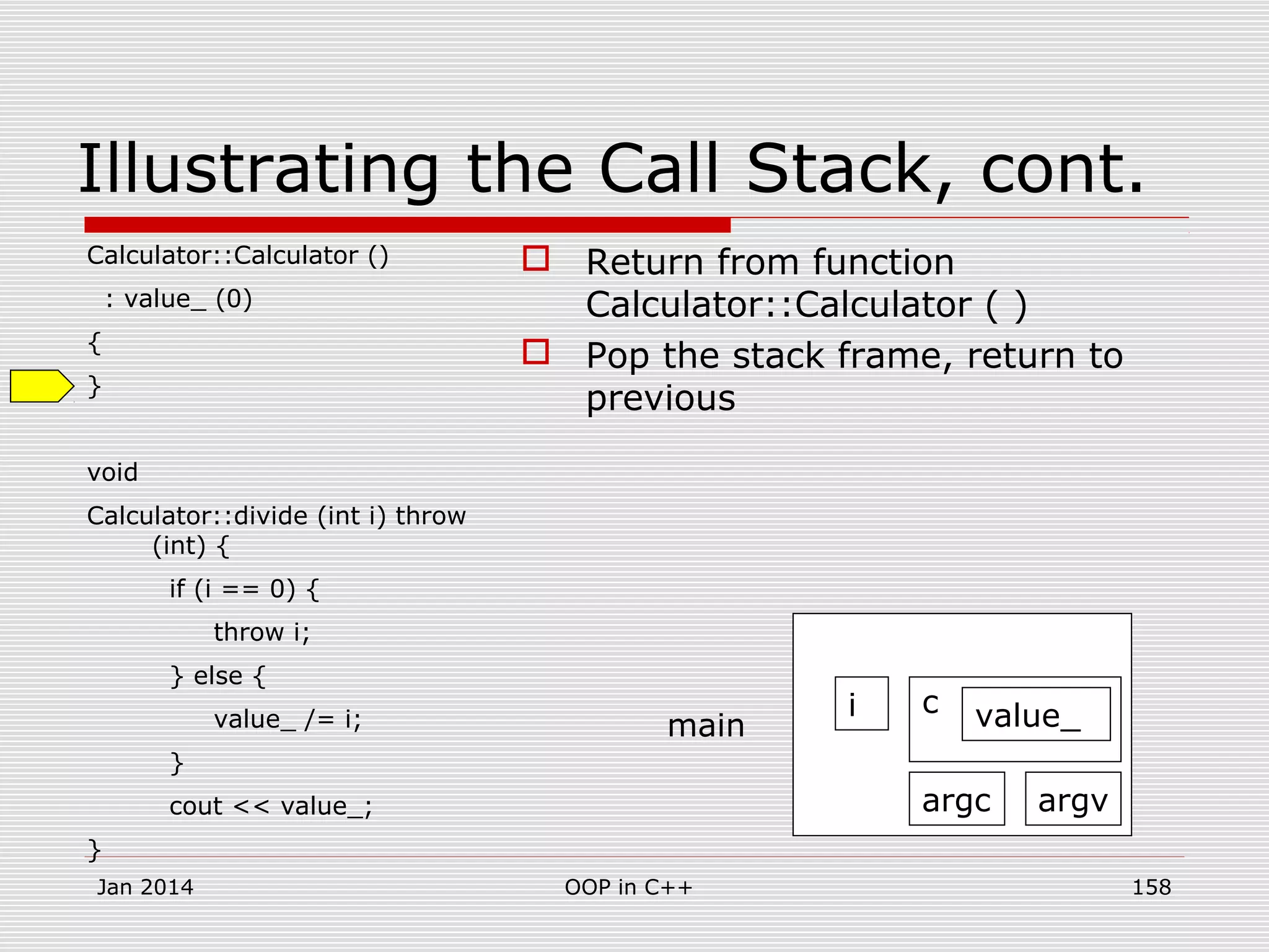 Illustrating the Call Stack, cont.
Calculator::Calculator ()
: value_ (0)
{
}
void
Calculator::divide (int i) throw
(int) {
if (i == 0) {
throw i;
} else {
value_ /= i;
}
cout << value_;
}
 Return from function
Calculator::Calculator ( )
 Pop the stack frame, return to
previous
argc argv
i c value_main
Jan 2014 158OOP in C++
 