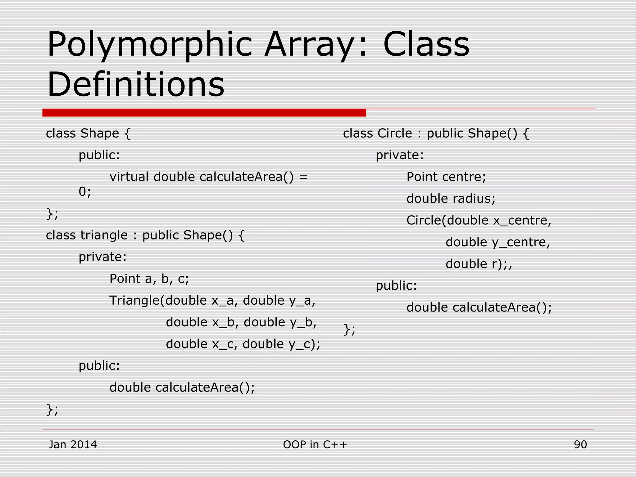 Polymorphic Array: Class
Definitions
class Shape {
public:
virtual double calculateArea() =
0;
};
class triangle : public Shape() {
private:
Point a, b, c;
Triangle(double x_a, double y_a,
double x_b, double y_b,
double x_c, double y_c);
public:
double calculateArea();
};
class Circle : public Shape() {
private:
Point centre;
double radius;
Circle(double x_centre,
double y_centre,
double r);,
public:
double calculateArea();
};
Jan 2014 90OOP in C++
 