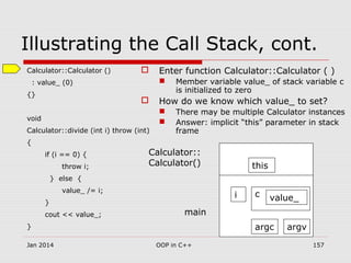 Illustrating the Call Stack, cont.
Calculator::Calculator ()
: value_ (0)
{}
void
Calculator::divide (int i) throw (int)
{
if (i == 0) {
throw i;
} else {
value_ /= i;
}
cout << value_;
}
 Enter function Calculator::Calculator ( )
 Member variable value_ of stack variable c
is initialized to zero
 How do we know which value_ to set?
 There may be multiple Calculator instances
 Answer: implicit “this” parameter in stack
frame
argc argv
i c value_
main
Calculator::
Calculator() this
Jan 2014 157OOP in C++
 