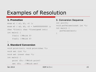 Examples of Resolution
1. Promotion
enum e1 { a1, b1, c1 };
enum e2 { a2, b2, c2 = 0x80000000000 };
char *f(int); char *f(unsigned int);
int main() {
f(a1); //Which f?
f(a2); //Which f?
}
2. Standard Conversion
void print(int); void print(char *);
void set (int *);
void set (const char *);
int main() {
print (0); //Which print?
set (0); //Which set?
}
3. Conversion Sequence
int arr[3];
void putValues(const int *);
int main() {
putValues(arr);
}
23OOP in C++Jan 2014
 