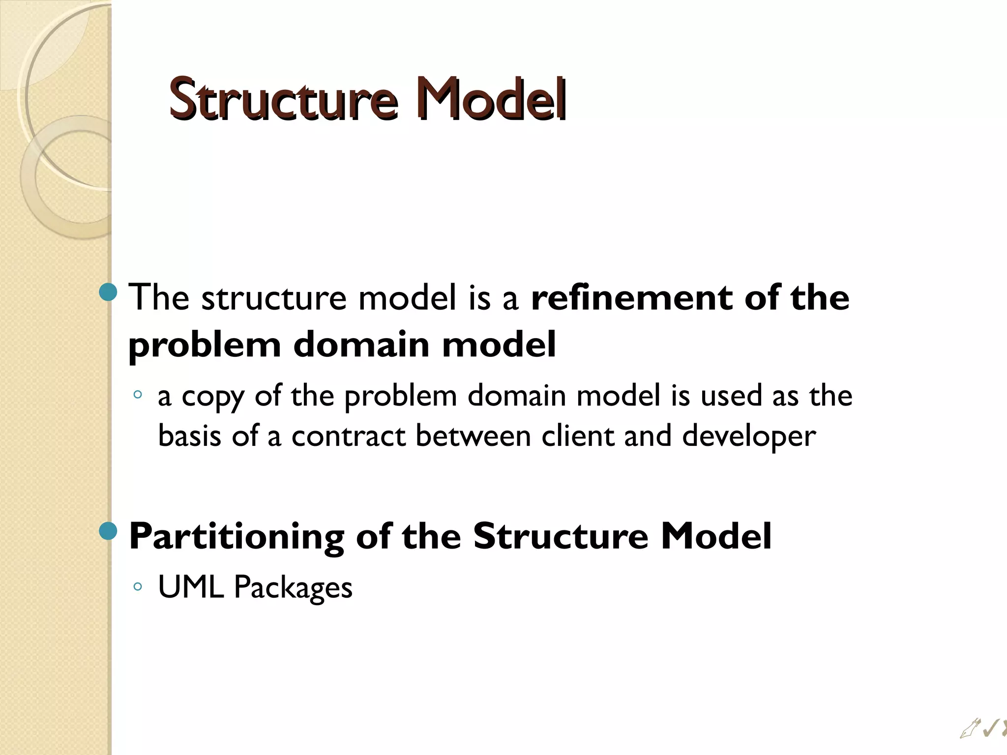 Structure ModelStructure Model
The structure model is a refinement of the
problem domain model
◦ a copy of the problem domain model is used as the
basis of a contract between client and developer
Partitioning of the Structure Model
◦ UML Packages
$
 