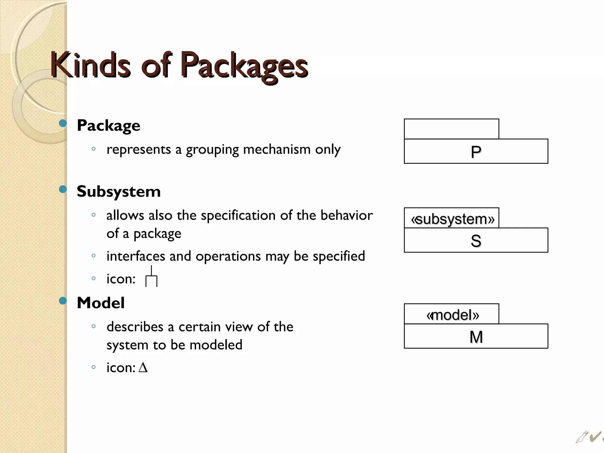 Kinds of PackagesKinds of Packages
 Package
◦ represents a grouping mechanism only
 Subsystem
◦ allows also the specification of the behavior
of a package
◦ interfaces and operations may be specified
◦ icon:
 Model
◦ describes a certain view of the
system to be modeled
◦ icon: ∆
«subsystemsubsystem»
«modelmodel»
SS
PP
MM
 
 