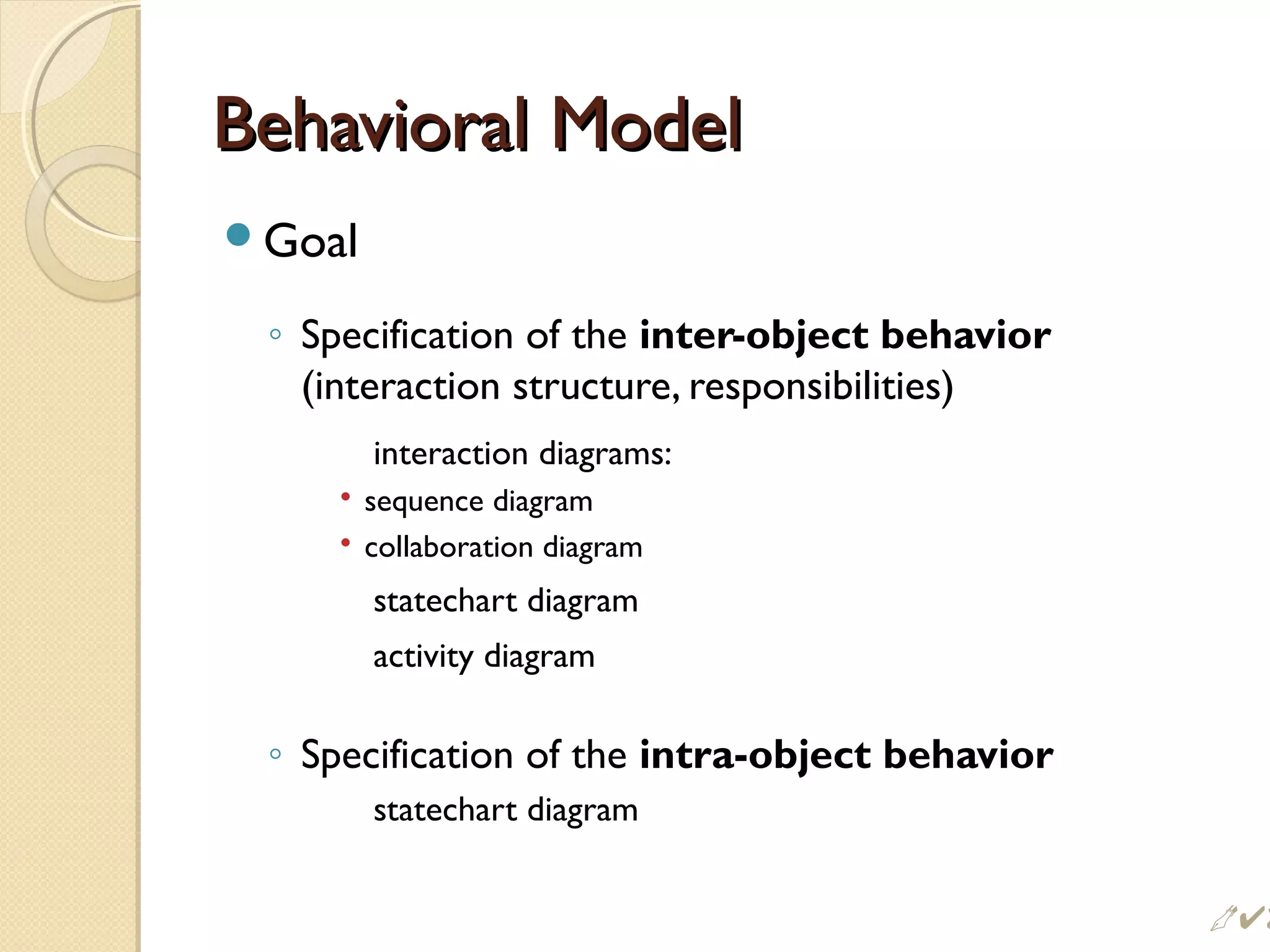Behavioral ModelBehavioral Model
Goal
◦ Specification of the inter-object behavior
(interaction structure, responsibilities)
interaction diagrams:
 sequence diagram
 collaboration diagram
statechart diagram
activity diagram
◦ Specification of the intra-object behavior
statechart diagram
 $
 