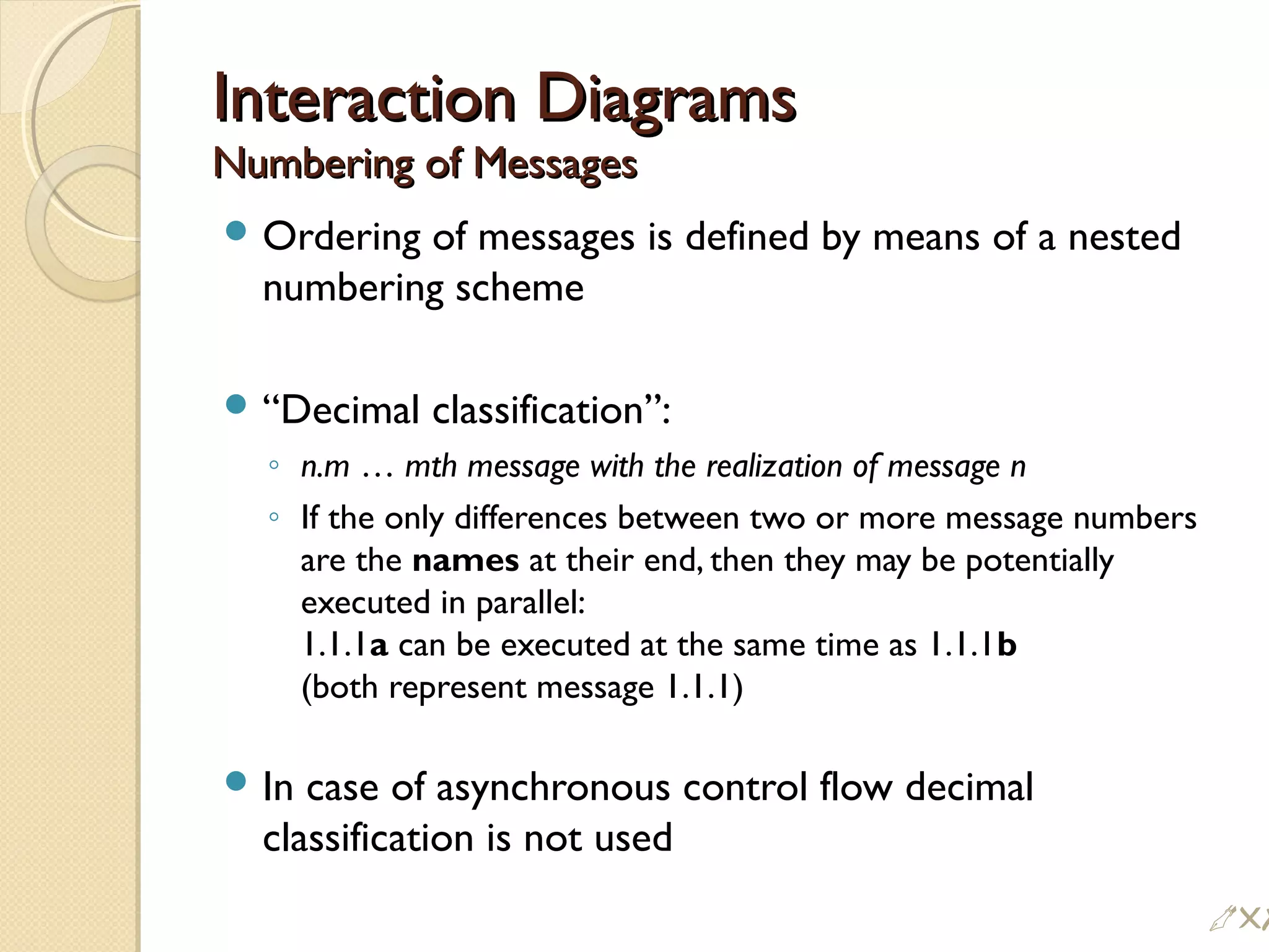 Interaction DiagramsInteraction Diagrams
Numbering of MessagesNumbering of Messages
 Ordering of messages is defined by means of a nested
numbering scheme
 “Decimal classification”:
◦ n.m … mth message with the realization of message n
◦ If the only differences between two or more message numbers
are the names at their end, then they may be potentially
executed in parallel:
1.1.1a can be executed at the same time as 1.1.1b
(both represent message 1.1.1)
 In case of asynchronous control flow decimal
classification is not used
!#
 