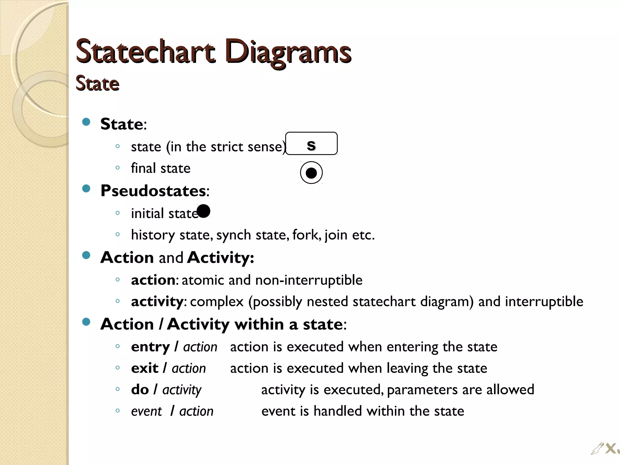 Statechart DiagramsStatechart Diagrams
StateState
 State:
◦ state (in the strict sense)
◦ final state
 Pseudostates:
◦ initial state
◦ history state, synch state, fork, join etc.
 Action and Activity:
◦ action: atomic and non-interruptible
◦ activity: complex (possibly nested statechart diagram) and interruptible
 Action / Activity within a state:
◦ entry / action action is executed when entering the state
◦ exit / action action is executed when leaving the state
◦ do / activity activity is executed, parameters are allowed
◦ event / action event is handled within the state
ss

 