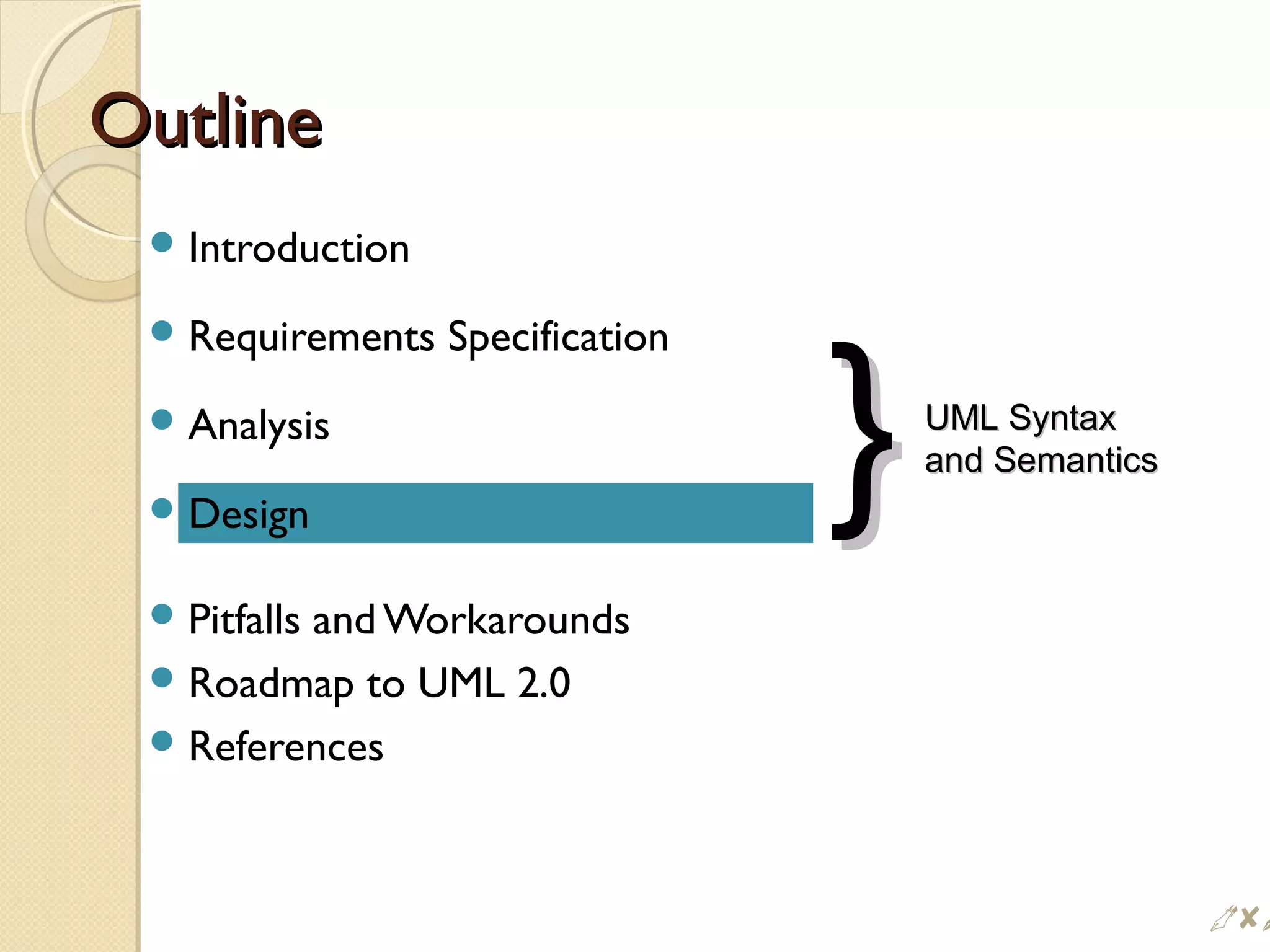 OutlineOutline
Introduction
Requirements Specification
Analysis
Design
Pitfalls and Workarounds
Roadmap to UML 2.0
References
}}UML SyntaxUML Syntax
and Semanticsand Semantics
$
 