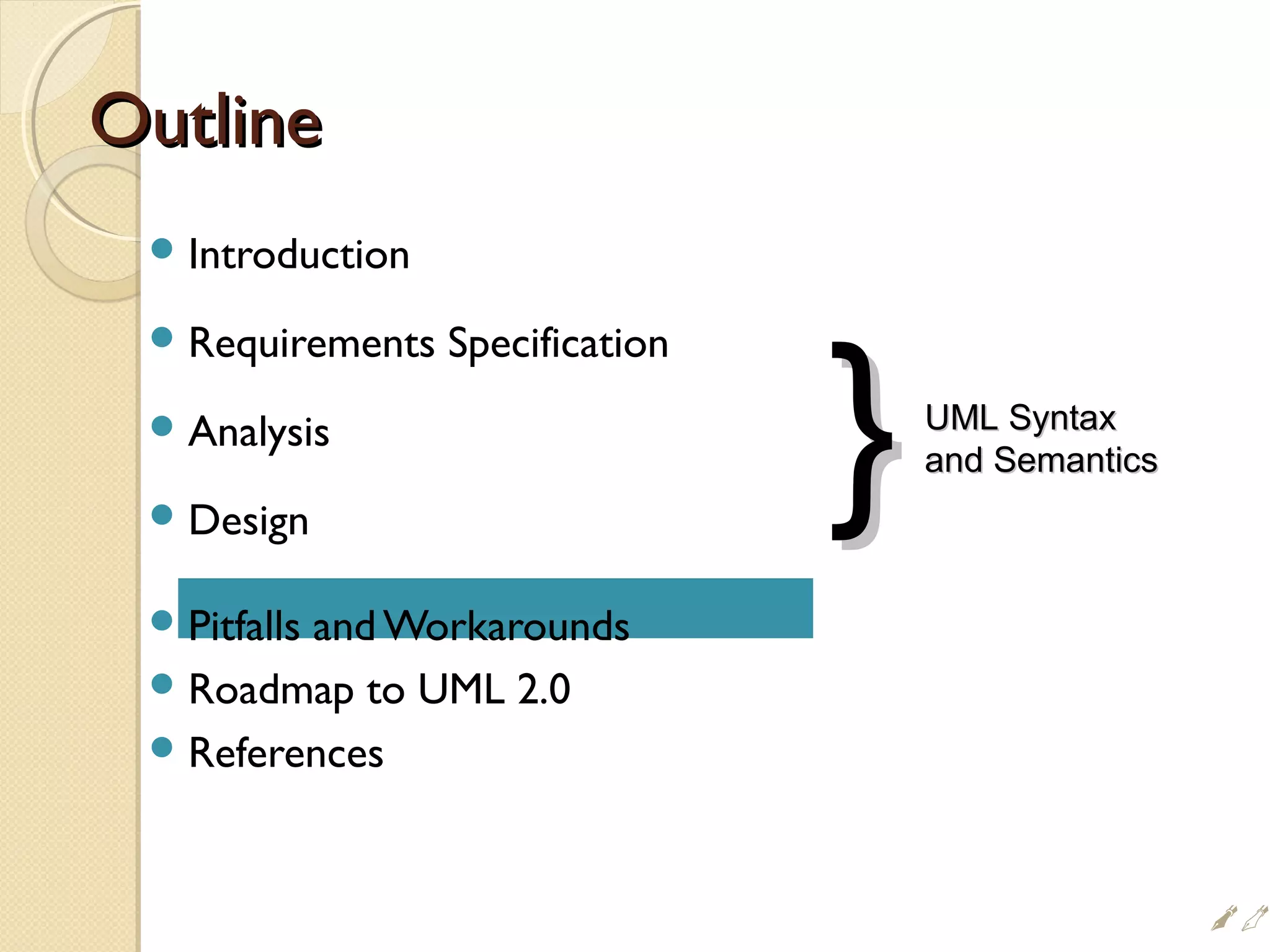 OutlineOutline
Introduction
Requirements Specification
Analysis
Design
Pitfalls and Workarounds
Roadmap to UML 2.0
References
}}UML SyntaxUML Syntax
and Semanticsand Semantics

 