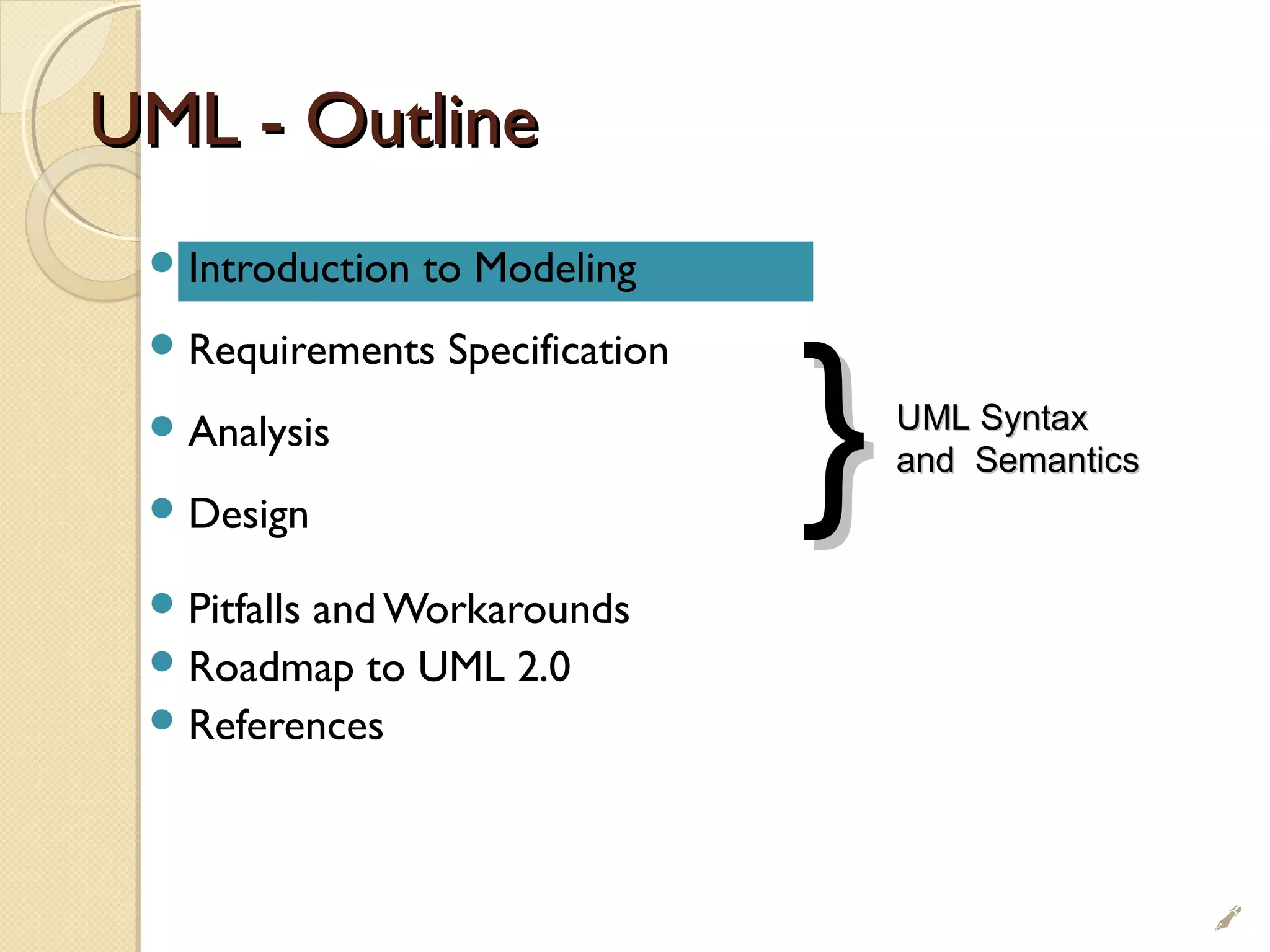 UML - OutlineUML - Outline
Introduction to Modeling
Requirements Specification
Analysis
Design
Pitfalls and Workarounds
Roadmap to UML 2.0
References
}}UML SyntaxUML Syntax
and Semanticsand Semantics

 