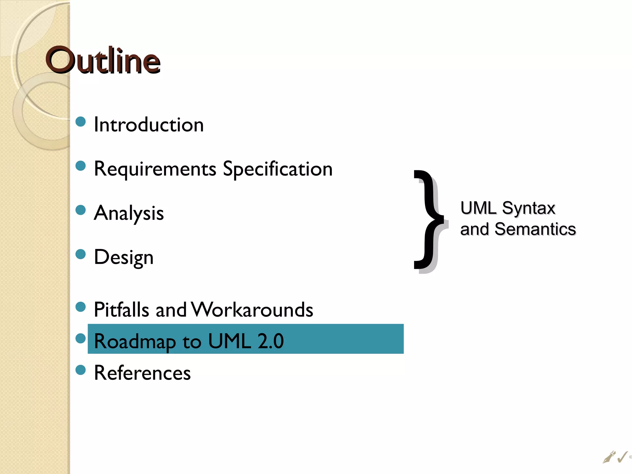 OutlineOutline
Introduction
Requirements Specification
Analysis
Design
Pitfalls and Workarounds
Roadmap to UML 2.0
References
}}UML SyntaxUML Syntax
and Semanticsand Semantics
%
 
