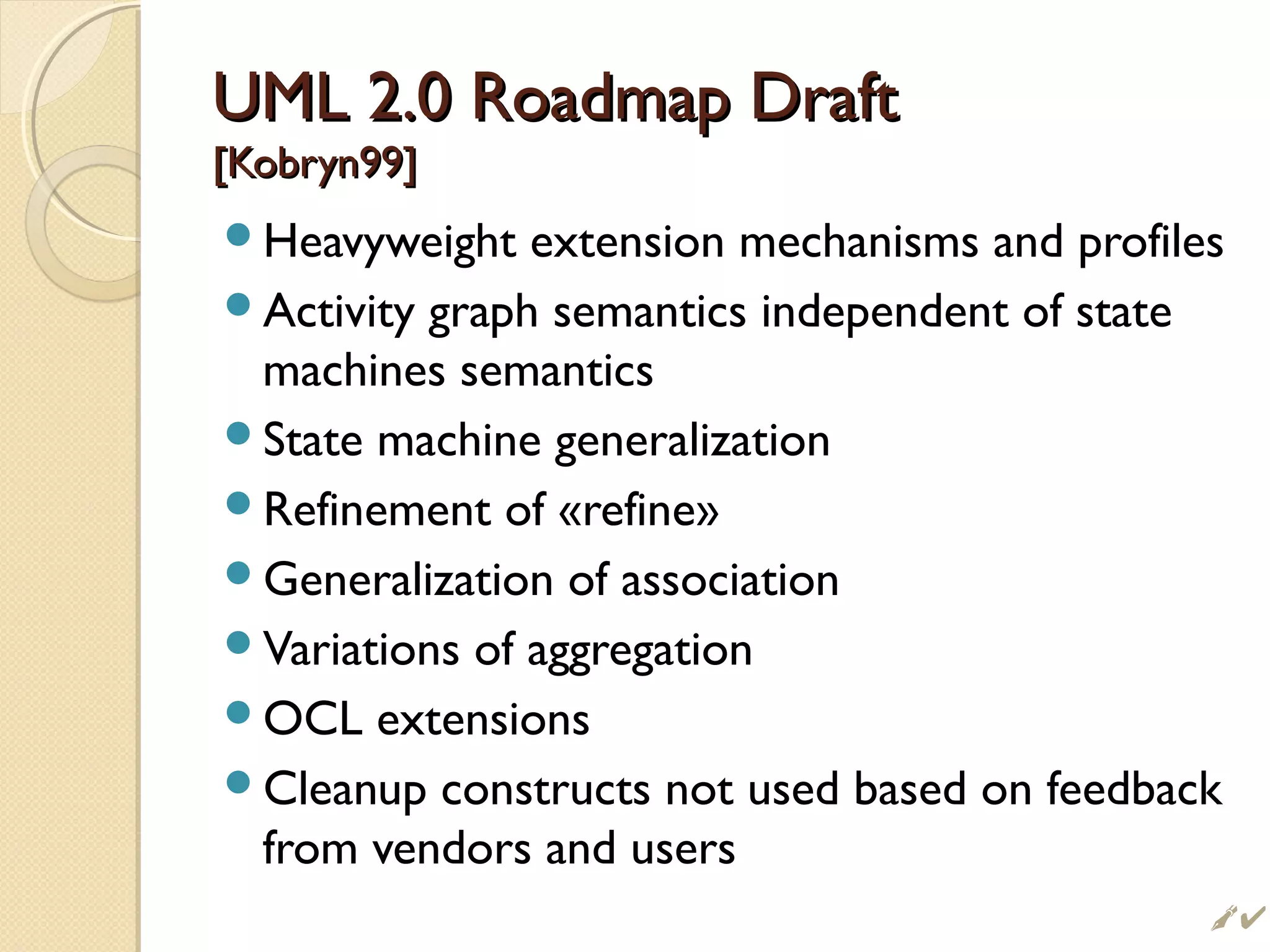 UML 2.0 Roadmap DraftUML 2.0 Roadmap Draft
[Kobryn99][Kobryn99]
Heavyweight extension mechanisms and profiles
Activity graph semantics independent of state
machines semantics
State machine generalization
Refinement of «refine»
Generalization of association
Variations of aggregation
OCL extensions
Cleanup constructs not used based on feedback
from vendors and users
 i
 