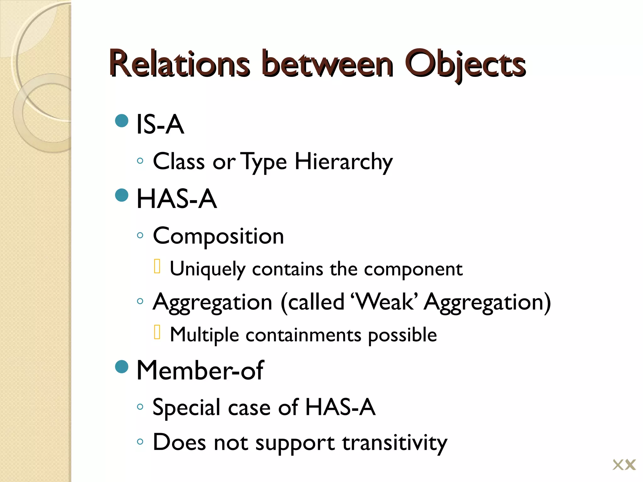 Relations between ObjectsRelations between Objects
IS-A
◦ Class or Type Hierarchy
HAS-A
◦ Composition
 Uniquely contains the component
◦ Aggregation (called ‘Weak’ Aggregation)
 Multiple containments possible
Member-of
◦ Special case of HAS-A
◦ Does not support transitivity
!
 