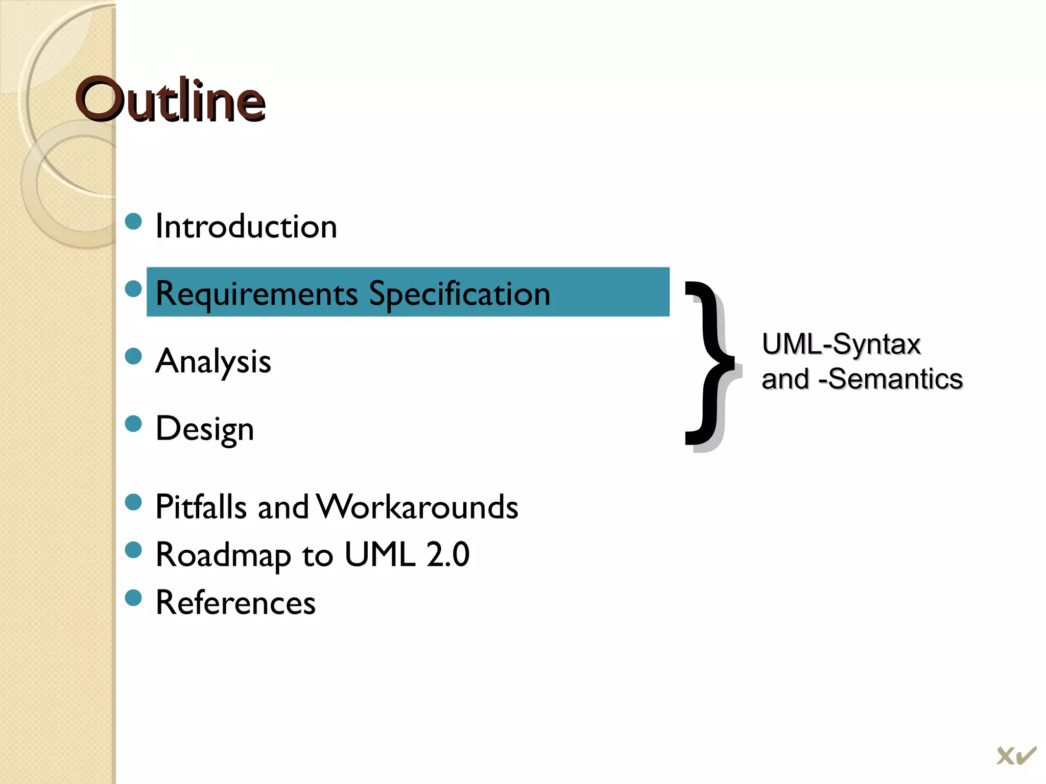 OutlineOutline
Introduction
Requirements Specification
Analysis
Design
Pitfalls and Workarounds
Roadmap to UML 2.0
References
}}UML-SyntaxUML-Syntax
and -Semanticsand -Semantics

 