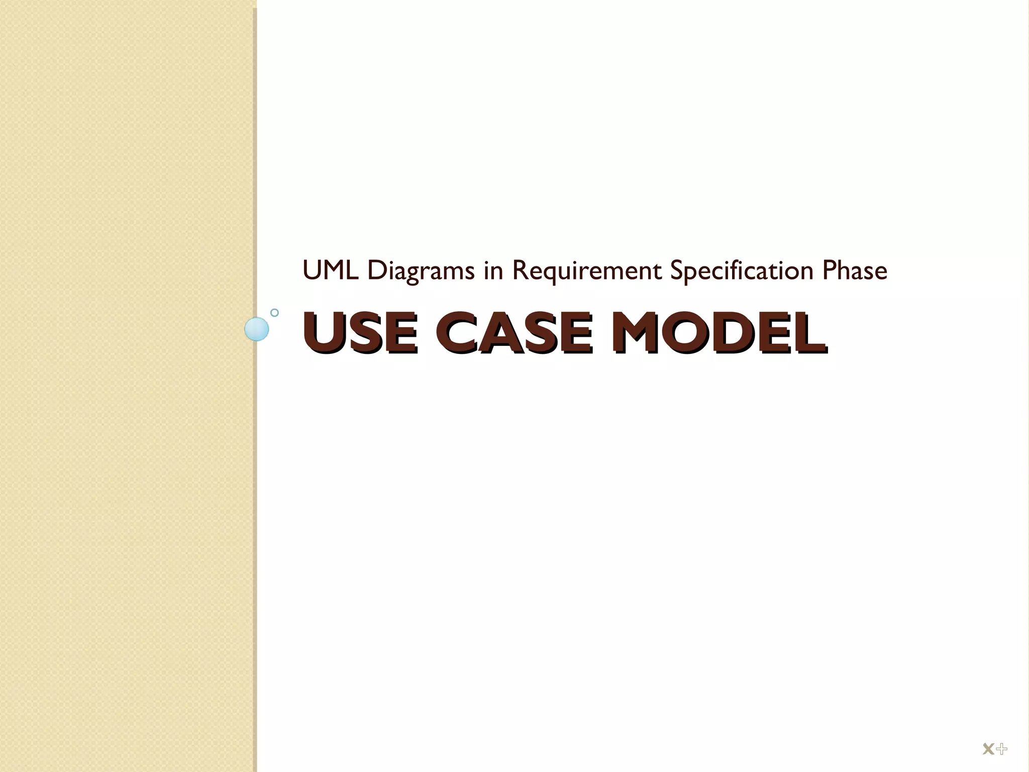 USE CASE MODELUSE CASE MODEL
UML Diagrams in Requirement Specification Phase
%
 