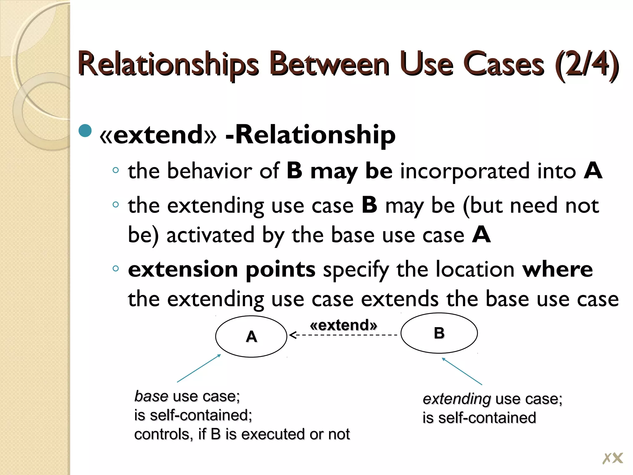 «extend» -Relationship
◦ the behavior of B may be incorporated into A
◦ the extending use case B may be (but need not
be) activated by the base use case A
◦ extension points specify the location where
the extending use case extends the base use case
Relationships Between Use Cases (2/4)Relationships Between Use Cases (2/4)
AA BB«extend»«extend»
basebase use case;use case;
is self-contained;is self-contained;
controls, if B is executed or notcontrols, if B is executed or not
extendingextending use case;use case;
is self-containedis self-contained
#
 