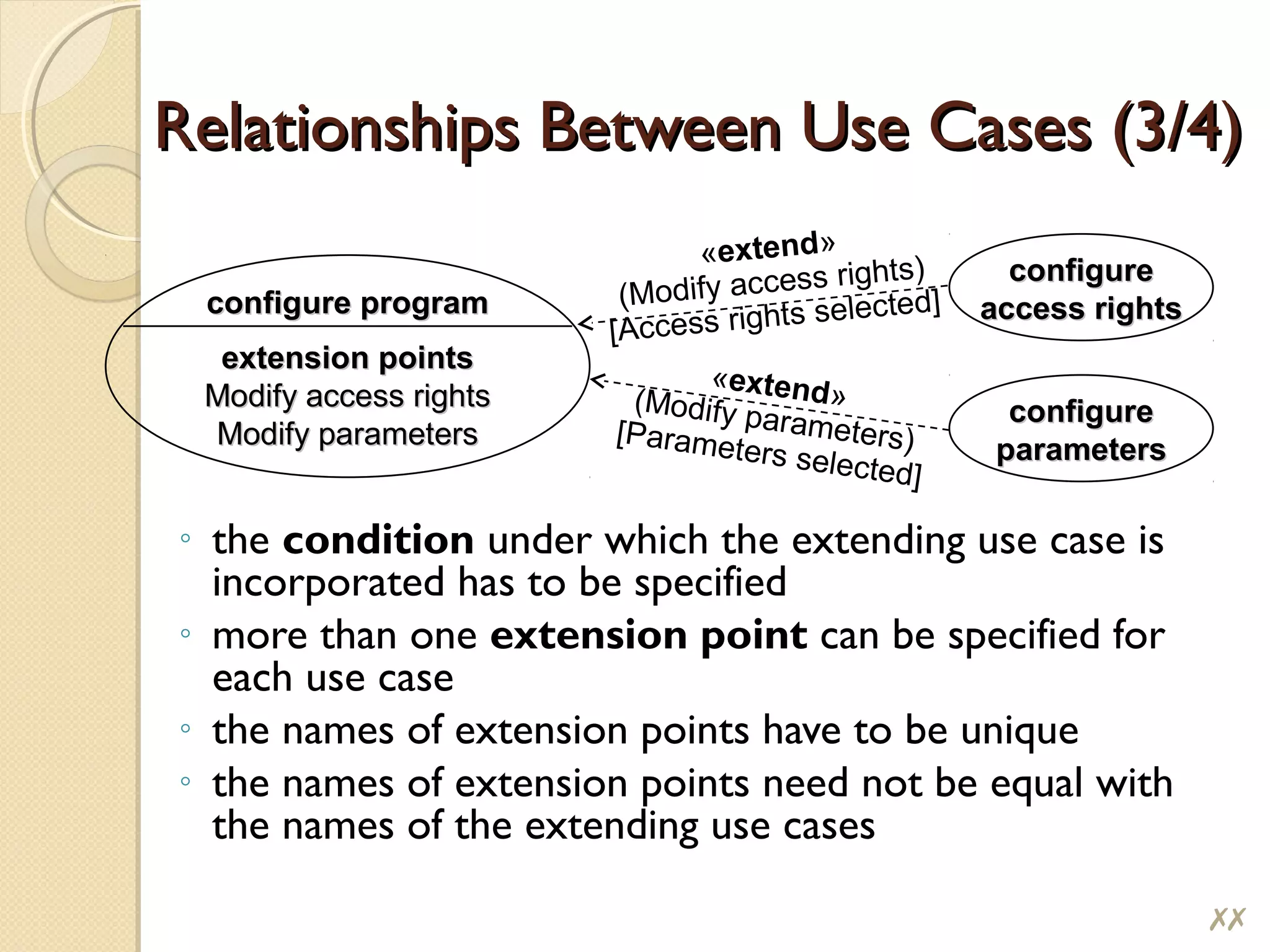 Relationships Between Use Cases (3/4)Relationships Between Use Cases (3/4)
◦ the condition under which the extending use case is
incorporated has to be specified
◦ more than one extension point can be specified for
each use case
◦ the names of extension points have to be unique
◦ the names of extension points need not be equal with
the names of the extending use cases
configureconfigure
access rightsaccess rights
configureconfigure
parametersparameters
configure programconfigure program
extension pointsextension points
Modify access rightsModify access rights
Modify parametersModify parameters
«extend»
(Modify access rights)
[Access rights selected]
«extend»(Modify parameters)[Parameters selected]
##
 