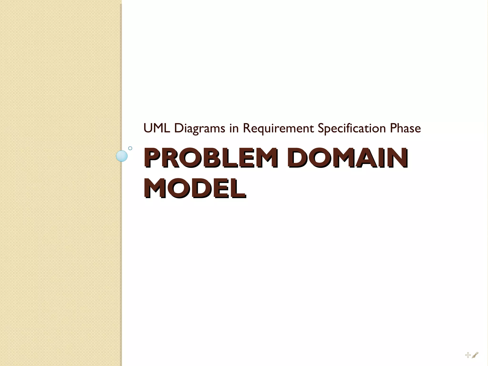 PROBLEM DOMAINPROBLEM DOMAIN
MODELMODEL
UML Diagrams in Requirement Specification Phase
%
 
