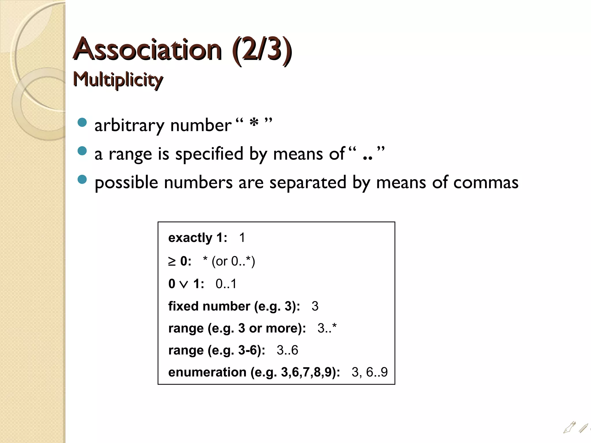 Association (2/3)Association (2/3)
MultiplicityMultiplicity
 arbitrary number “ * ”
 a range is specified by means of “ .. ”
 possible numbers are separated by means of commas
exactly 1: 1
≥ 0: * (or 0..*)
0 ∨ 1: 0..1
fixed number (e.g. 3): 3
range (e.g. 3 or more): 3..*
range (e.g. 3-6): 3..6
enumeration (e.g. 3,6,7,8,9): 3, 6..9
i
 