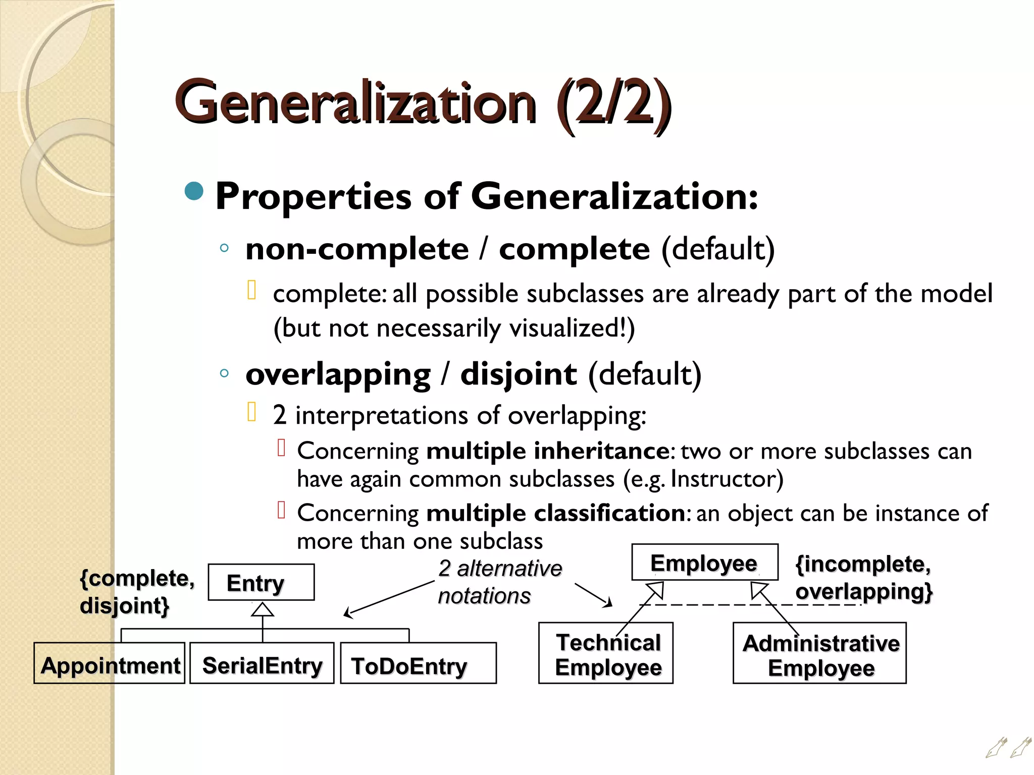 Generalization (2/2)Generalization (2/2)
Properties of Generalization:
◦ non-complete / complete (default)
 complete: all possible subclasses are already part of the model
(but not necessarily visualized!)
◦ overlapping / disjoint (default)
 2 interpretations of overlapping:
 Concerning multiple inheritance: two or more subclasses can
have again common subclasses (e.g. Instructor)
 Concerning multiple classification: an object can be instance of
more than one subclass
EntryEntry
SerialEntrySerialEntry ToDoEntryToDoEntry
EmployeeEmployee
{complete,{complete,
disjoint}disjoint}
{incomplete,{incomplete,
overlapping}overlapping}
AppointmentAppointment
TechnicalTechnical
EmployeeEmployee
AdministrativeAdministrative
EmployeeEmployee
2 alternative2 alternative
notationsnotations

 