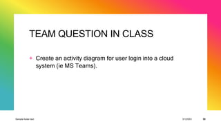 TEAM QUESTION IN CLASS
+ Create an activity diagram for user login into a cloud
system (ie MS Teams).
Sample footer text 3/1/20XX 58
 