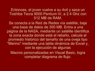 Entonces, el joven vuelve a su 4x4 y saca un Toshiba Tecra 9000 Pentium IV, a 2.4 Ghz con 512 MB de RAM. Se conecta a la Red de Redes vía satélite, baja una base de datos de 300 MB. Entra a una página de la NASA, mediante un satélite identifica la zona exacta donde está el rebaño, calcula el promedio histórico del tamaño de una oveja tipo "Merino" mediante una tabla dinámica de Excel y, con la ejecución de algunas Macros personalizadas en Visual Basic, logra completar diagrama de flujo. 