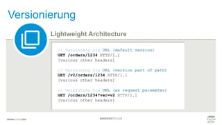 Versionierung
Lightweight Architecture
#WISSENTEILEN
// Versioning via URL (default version)
GET /orders/1234 HTTP/1.1
[various other headers]
// Versioning via URL (version part of path)
GET /v2/orders/1234 HTTP/1.1
[various other headers]
// Versioning via URL (as request parameter)
GET /orders/1234?ver=v2 HTTP/1.1
[various other headers]
 