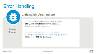 Lightweight Architecture
#WISSENTEILEN
// GET order with more than 5 items
GET /orders?itemcount>=5 HTTP/1.1
[various other headers]
// No order found for this query.
// Response has no content (by purpose)
HTTP/1.1. 204 No content
Error Handling
Status
Codes
 