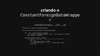 ConstantForeignDataWrappe
r
__init__.py
from	multicorn	import	ForeignDataWrapper
class	ConstantForeignDataWrapper(ForeignDataWrapper):
				def	__init__(self,	options,	columns):
								super(ConstantForeignDataWrapper,	self).__init__(options,	columns)
								self.columns	=	columns
				def	execute(self,	quals,	columns):
								for	index	in	range(10):	#	arqui	esta	o	total	de	registros
												line	=	{}
												for	column_name	in	self.columns:
																line[column_name]	=	'%s	%s'	%	(column_name,	index)
												yield	line
 