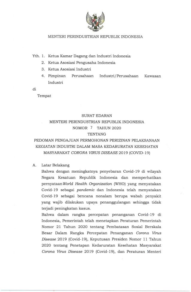 Surat Edaran Menteri Perindustrian Nomor 7 Tahun 2020