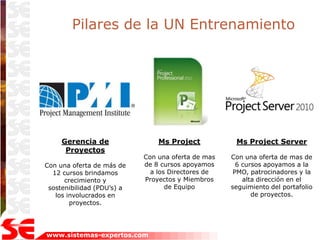 Pilares de la UN Entrenamiento




     Gerencia de                Ms Project           Ms Project Server
      Proyectos
                            Con una oferta de mas   Con una oferta de mas de
Con una oferta de más de    de 8 cursos apoyamos      6 cursos apoyamos a la
  12 cursos brindamos         a los Directores de    PMO, patrocinadores y la
      crecimiento y         Proyectos y Miembros        alta dirección en el
 sostenibilidad (PDU’s) a          de Equipo        seguimiento del portafolio
   los involucrados en                                     de proyectos.
        proyectos.




www.sistemas-expertos.com
 
