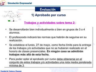Simulación Empresarial


                              Evaluación
                         1) Aprobado por curso

                  Trabajos y actividades sobre tema 2:

•    Se desarrollarán bien individualmente o bien en grupos de 3 o 4
     alumnos.
•    El profesorado indicará las normas que habrán de seguirse en su
     realización.
•    Se establece el lunes, 27 de mayo, como fecha límite para la entrega
     de los trabajos y/o actividades que no se hubieran realizado en el
     horario de clases presenciales. En ningún caso se admitirán
     trabajos más allá de esta fecha.
•    Para poder optar al aprobado por curso debe obtenerse en el
     conjunto de estos trabajos y/o actividades una nota media ponderada
     mínima de 3.
 