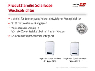 EU Lager
Beringe NL
Kurze Lieferzeiten < 2 Wochen
Hohe Lagerkapazität
Spitzenlager bei München (Feldkirchen)
Sehr kurze Lieferzeiten < 4 Tagen
Lagerung von „Side-Products“ (z.B. OP mit
H&S Stecker)

©2013 SolarEdge

| 13

 