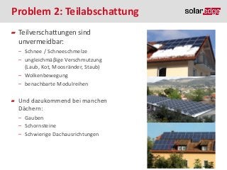 Problem 2: Teilabschattung
Teilverschattungen sind
unvermeidbar:
̶ Schnee / Schneeschmelze
̶ ungleichmäβige Verschmutzung
(Laub, Kot, Moosränder, Staub)
̶ Wolkenbewegung
̶ benachbarte Modulreihen

Und dazukommend bei manchen
Dächern:
̶ Gauben
̶ Schornsteine
̶ Schwierige Dachausrichtungen

©2013 SolarEdge

| 18

 