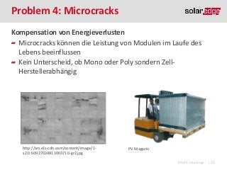 Problem 4: Microcracks
Kompensation von Energieverlusten
Microcracks können die Leistung von Modulen im Laufe des
Lebens beeinflussen
Kein Unterscheid, ob Mono oder Poly sondern ZellHerstellerabhängig

http://ars.els-cdn.com/content/image/1s2.0-S0927024811003710-gr2.jpg

PV Magazin
©2013 SolarEdge

| 20

 