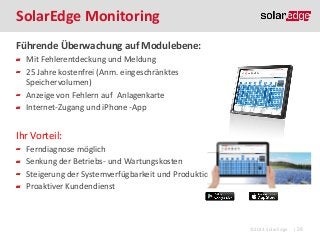 SolarEdge Monitoring
Führende Überwachung auf Modulebene:
Mit Fehlerentdeckung und Meldung
25 Jahre kostenfrei (Anm. eingeschränktes
Speichervolumen)
Anzeige von Fehlern auf Anlagenkarte
Internet-Zugang und iPhone -App

Ihr Vorteil:
Ferndiagnose möglich
Senkung der Betriebs- und Wartungskosten
Steigerung der Systemverfügbarkeit und Produktion
Proaktiver Kundendienst

©2013 SolarEdge

| 28

 
